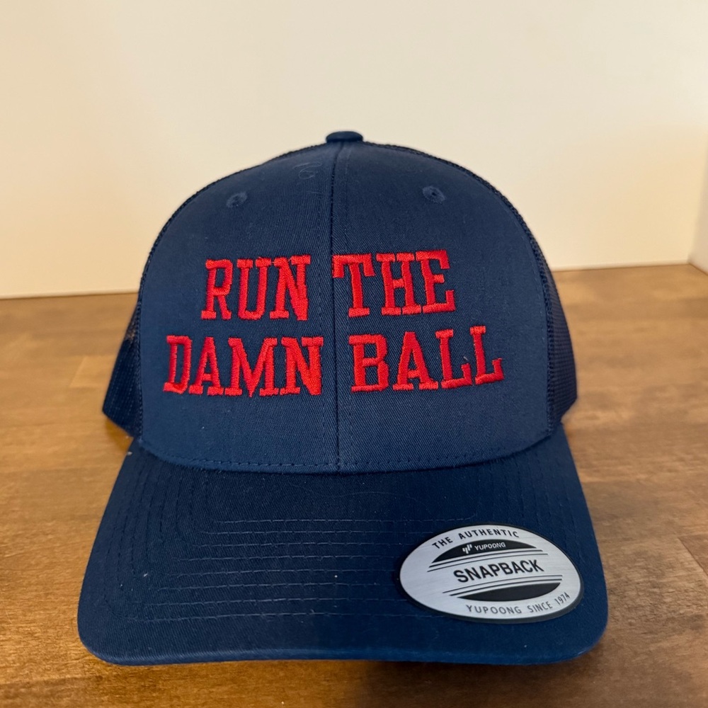 Run The Damn Ball Red Embroidered Navy Trucker Hat
